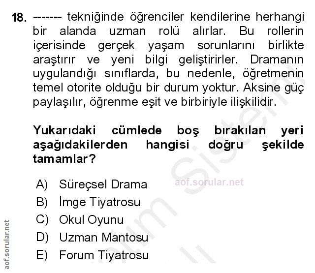 18. soru: --- tekniginde ögrenciler kendilerine herhangi bir alanda uzman rolü alırlar. Burollerin içerisinde gerçek yaşam soru…