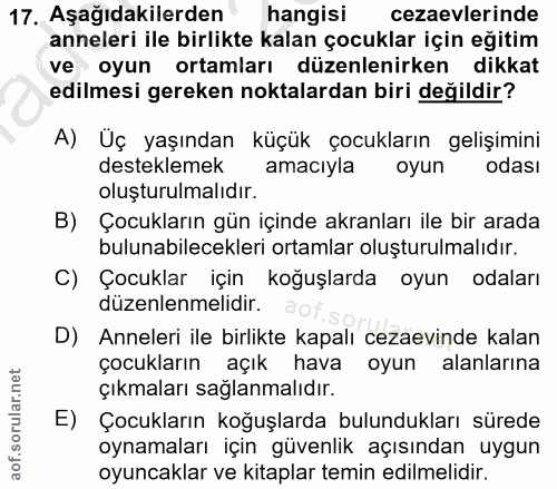 17. soru: Aşağıdakilerden hangisi cezaevlerinde anneleri ile birlikte kalan çocuklar için eğitim ve oyun ortamları düzenlenirke…