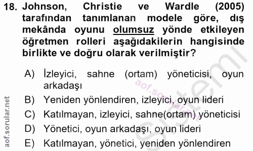 18. soru: Johnson, Christie ve Wardle (2005) tarafından tanımlanan modele göre, dış mekânda oyunu olumsuz yönde etkileyen öğret…