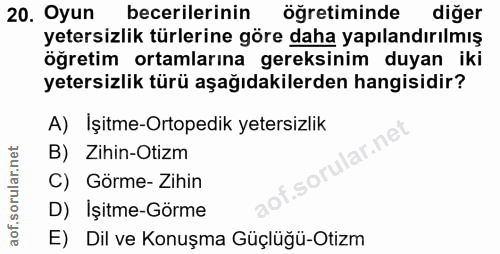 20. soru: Oyun becerilerinin öğretiminde diğer yetersizlik türlerine göre daha yapılandırılmış öğretim ortamlarına gereksinim d…