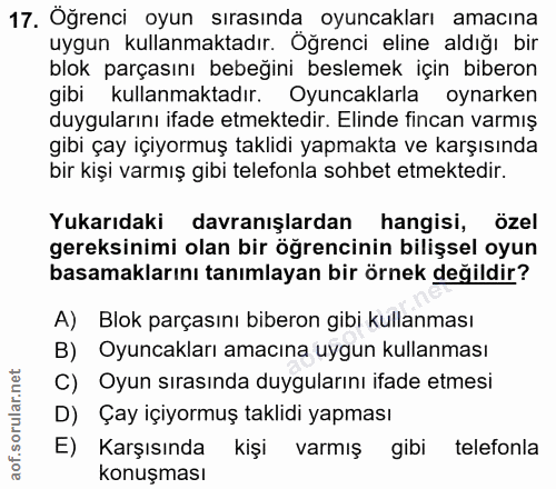 17. soru: Oğrenci oyun sırasında oyuncakları amacına uygun kullanmaktadır. Öğrenci eline aldığı bir blok parçasını bebeğini bes…