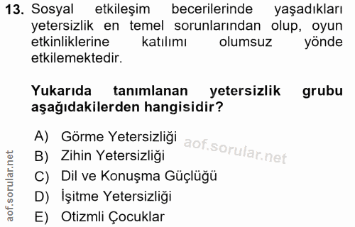 13. soru: Sosyal etkileşim becerilerinde yaşadıkları yetersizlik en temel sorunlarından olup, oyun etkinliklerine katılımı olum…