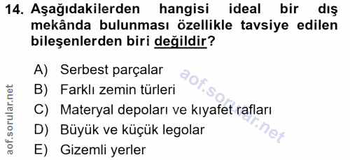 14. soru: Aşağıdakilerden hangisi ideal bir dıs mekânda bulunması özellikle tavsiye edilen bileşenlerden biri değildir? A) Serb…
