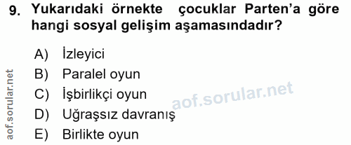 9. soru: Yukarıdaki örnekte çocuklar Parten'a göre hangi sosyal gelişim aşamasındadır? A) Izleyici B) Paralel oyun C) İşbirlik…