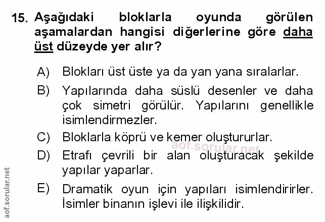 15. soru: Aşağıdaki bloklarla oyunda gorulen aşamalardan hangisi diğerlerine göre daha üst düzeyde yer alır? A) Blokları üst üs…