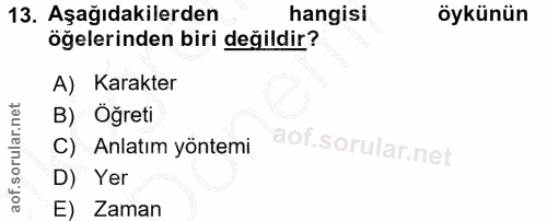 13. soru: Aşağıdakilerden hangisi öykünün öğelerinden biri değildir? A) Karakter B) Öğreti C) Anlatım yöntemi D) Yer E) Zaman