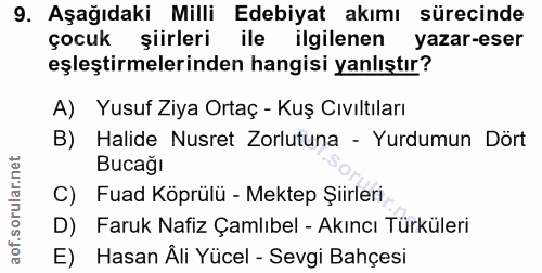 9. soru: Aşağıdaki Milli Edebiyat akımı sürecinde çocuk şiirleri ile ilgilenen yazar-eser eşleştirmelerinden hangisi yanlıştır…