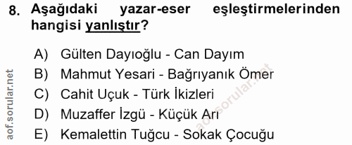 8. soru: Aşağıdaki yazar-eser eşleştirmelerinden hangisi yanlıştır? A) Gülten Dayıoğlu - Can Dayım B) Mahmut Yesari - Bağrıyan…