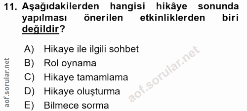 11. soru: Aşağıdakilerden hangisi hikâye sonunda yapılması önerilen etkinliklerden biri değildir? A) Hikaye ile ilgili sohbet B…