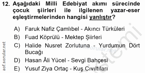 12. soru: Aşağıdaki Milli Edebiyat akımı sürecinde çocuk şiirleri ile ilgilenen yazar-eser eşleştirmelerinden hangisi yanlıştır…
