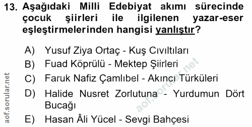 13. soru: Aşağıdaki Milli Edebiyat akımı sürecinde çocuk şiirleri ile ilgilenen yazar-eser eşleştirmelerinden hangisi yanlıştır…