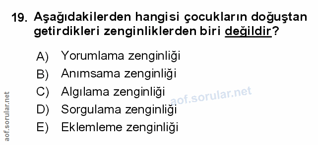 19. soru: Aşağıdakilerden hangisi çocukların doğuştan getirdikleri zenginliklerden biri değildir? A) Yorumlama zenginliği B) An…
