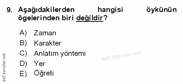 9. soru: Aşağıdakilerden hangisi öykünün ögelerinden biri değildir? A) Zaman B) Karakter C) Anlatim yöntemi D) Yer E) Öğreti