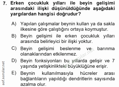 7. soru: Erken çocukluk yılları ile beyin gelişimi arasındaki ilişki düşünüldüğünde aşağıdaki yargılardan hangisi doğrudur? A)…