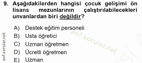 9. soru: Aşağıdakilerden hangisi çocuk gelişimi ön lisans mezunlarının çalıştırılabilecekleri unvanlardan biri değildir? A) De…