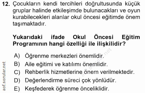 12. soru: Çocukların kendi tercihleri doğrultusunda küçük gruplar halinde etkileşimde bulunacakları ve oyun kurabilecekleri ala…