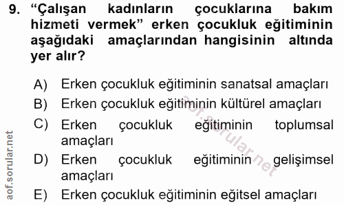 9. soru: "Çalışan kadınların çocuklarına bakım hizmeti vermek" erken çocukluk eğitiminin aşağıdaki amaçlarından hangisinin alt…