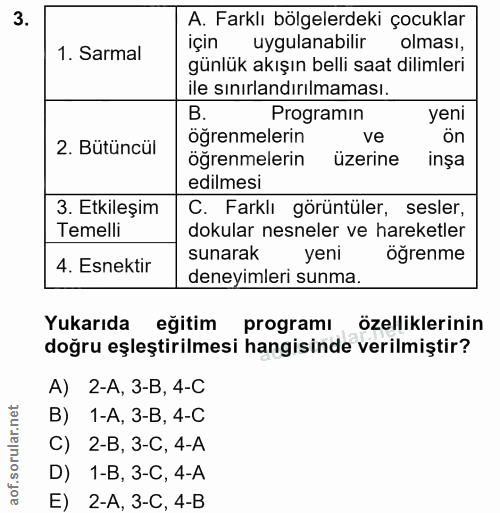 3. soru: A. Farklı bölgelerdeki çocuklar 1. Sarmal için uygulanabilir olması, günlük akışın belli saat dilimleri ile sınırland…
