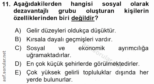 11. soru: Aşağıdakilerden hangisi sosyal olarak dezavantajlı grubu oluşturan kişilerin özelliklerinden biri değildir? A) Gelir…
