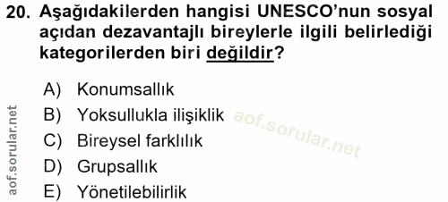 20. soru: Aşağıdakilerden hangisi UNESCO'nun sosyal açıdan dezavantajlı bireylerle ilgili belirlediği kategorilerden biri değil…