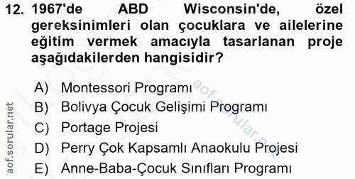12. soru: 1967'de ABD Wisconsin'de, özel gereksinimleri olan çocuklara ve ailelerine eğitim vermek amacıyla tasarlanan proje aş…