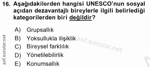16. soru: Aşağıdakilerden hangisi UNESCO'nun sosyal açıdan dezavantajlı bireylerle ilgili belirlediği kategorilerden biri değil…