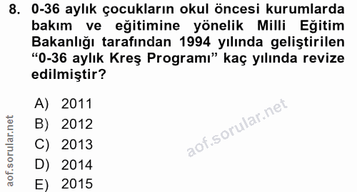 8. soru: 0-36 aylık çocukların okul öncesi kurumlarda bakım ve eğitimine yönelik Milli Eğitim Bakanlığı tarafından 1994 yılınd…