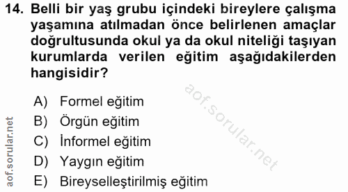 14. soru: Belli bir yaş grubu içindeki bireylere çalışma yaşamına atılmadan önce belirlenen amaçlar doğrultusunda okul ya da ok…