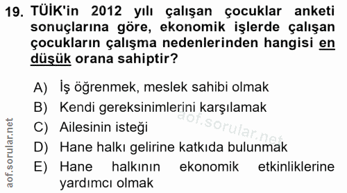 19. soru: TUIK'in 2012 yılı çalışan çocuklar anketi sonuçlarına göre, ekonomik işlerde çalışan çocukların çalışma nedenlerinden…