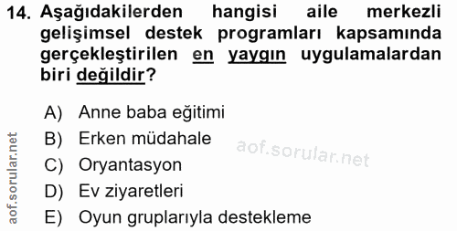 14. soru: Aşağıdakilerden hangisi aile merkezli gelişimsel destek programları kapsamında gerçekleştirilen en yaygın uygulamalar…
