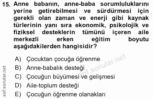 15. soru: Anne babanın, anne-baba sorumluluklarını yerine getirebilmesi ve sürdürmesi için gerekli olan zaman ve enerji gibi ka…