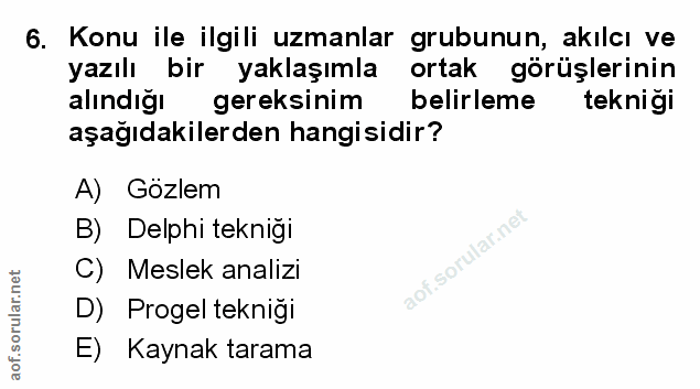 6. soru: Konu ile ilgili uzmanlar grubunun, akılcı ve yazılı bir yaklaşımla ortak görüşlerinin alındığı gereksinim belirleme t…