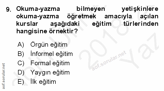 9. soru: Okuma-yazma bilmeyen yetişkinlere okuma-yazma öğretmek amacıyla açılan kurslar aşağıdaki eğitim türlerinden hangisine…
