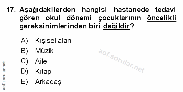 17. soru: Aşağıdakilerden hangisi hastanede tedavi gören okul dönemi çocuklarının öncelikli gereksinimlerinden biri değildir? A…
