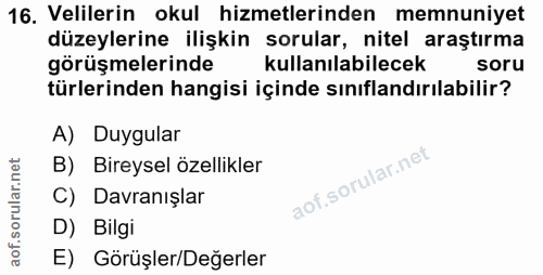 16. soru: Velilerin okul hizmetlerinden memnuniyet düzeylerine ilişkin sorular, nitel araştırma görüşmelerinde kullanılabilecek…