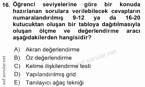 16. soru: Öğrenci seviyelerine göre bir konuda hazırlanan sorulara verilebilecek cevapların numaralandirılmış| 9-12 ya da 16-20…