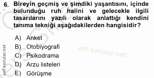 6. soru: Bireyin geçmiş ve şimdiki yaşantısını, içinde bulunduğu ruh halini ve gelecekle ilgili tasarılarını yazılı olarak anl…