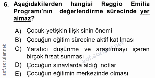 6. soru: Aşağıdakilerden hangisi Reggio Emilia Programı'nın değerlendirme sürecinde yer almaz? A) Çocuk-yetişkin ilişkisinin ö…