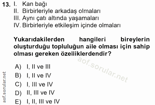 13. soru: I. Kan bağı II. Birbirleriyle arkadaş olmaları IlI. Aynı çatı altında yaşamaları IV. Birbirleriyle etkileşim içinde o…