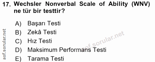 17. soru: Wechsler Nonverbal Scale of Ability (WNV) ne tür bir testtir? A) Başarı Testi B) Zekâ Testi C) Hız Testi D) Maksimum…