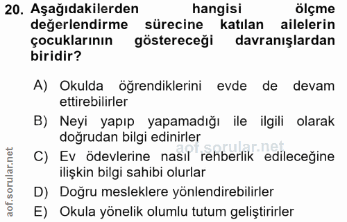 20. soru: Aşağıdakilerden hangisi ölçme değerlendirme sürecine katılan ailelerin çocuklarının göstereceği davranışlardan biridi…
