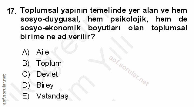 17. soru: Toplumsal yapının temelinde yer alan ve hem sosyo-duygusal, hem psikolojik, hem de sosyo-ekonomik boyutları olan topl…