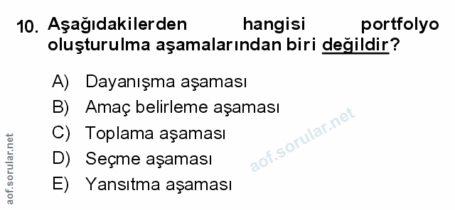 10. soru: Aşağıdakilerden hangisi portfolyo oluşturulma aşamalarından biri değildir? A) Dayanışma aşaması B) Amaç belirleme aşa…