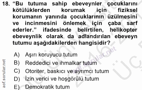 18. soru: "Bu tutuma sahip ebeveynler çocuklarını kötülüklerden korumak için fiziksel korumanın yanında çocuklarının üzülmesini…
