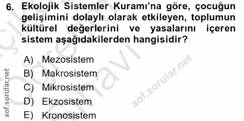 6. soru: Ekolojik Sistemler Kuramı'na göre, çocuğun gelişimini dolaylı olarak etkileyen, toplumun kültürel değerlerini ve yasa…