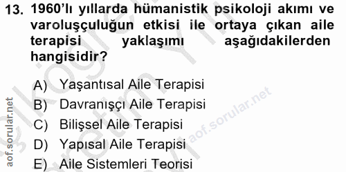 13. soru: 1960'lı yıllarda hümanistik psikoloji akımı ve varoluşçuluğun etkisi ile ortaya çıkan aile terapisi yaklaşımı aşağıda…