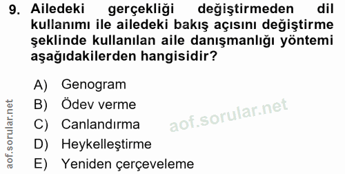 9. soru: Ailedeki gerçekliği değiştirmeden dil kullanımı ile ailedeki bakış açısını değiştirme şeklinde kullanılan aile danışm…