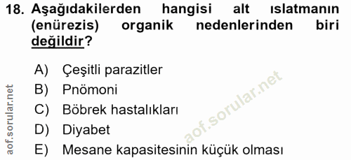 18. soru: Aşağıdakilerden hangisi alt Islatmanın (enürezis) organik nedenlerinden biri değildir? A) Çeşitli parazitler B) Pnömo…