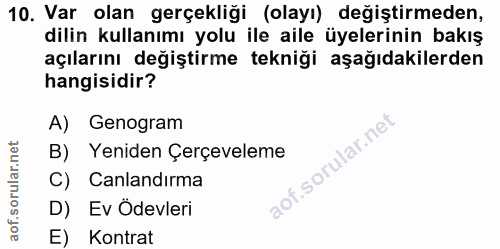 10. soru: Var olan gerçekliği (olayı) değiştirmeden, dilin kullanımı yolu ile aile üyelerinin bakış açılarını değiştirme tekniğ…