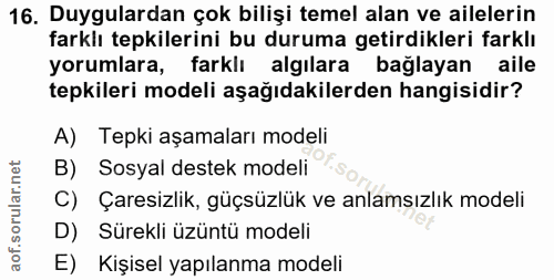 16. soru: Duygulardan çok bilişi temel alan ve ailelerin farklı tepkilerini bu duruma getirdikleri farklı yorumlara, farklı alg…
